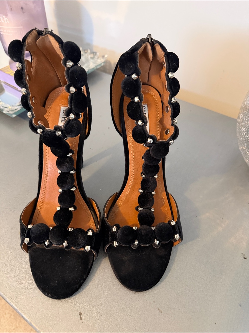 Cape Robbin Black Velvet Pom Pom T-Strap Heels